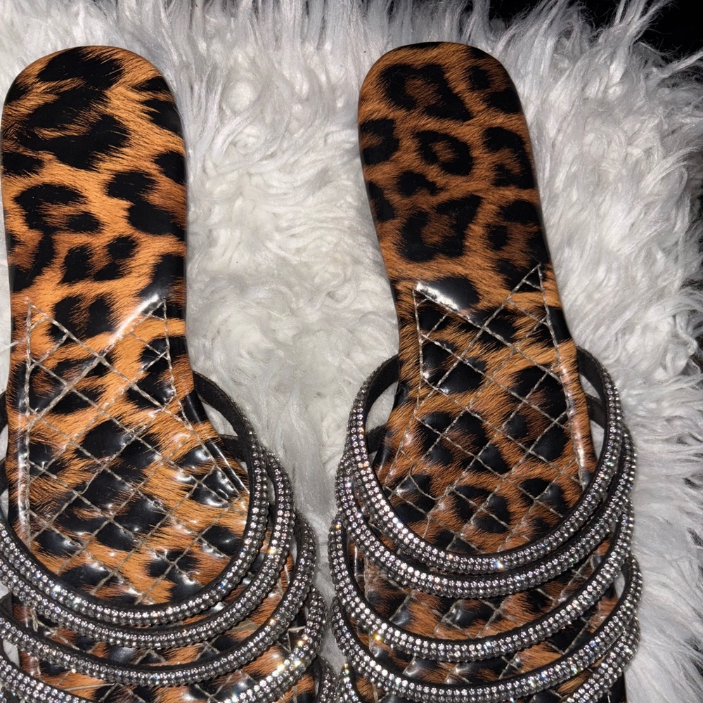 Leopard Rhinestone Strappy Slide Sandals - Picture 2 of 3